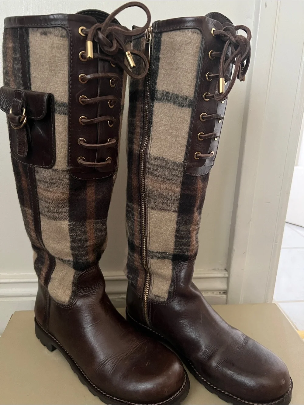 Tory Burch Brown Leather & Plaid Over-the-Knee Lace-Up Boots
